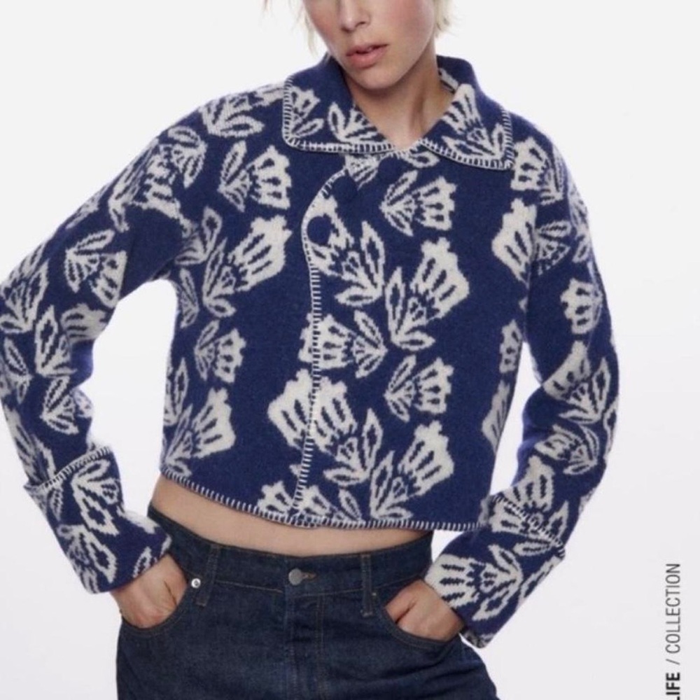 Zara jacquard floral sweater jacket cardigan